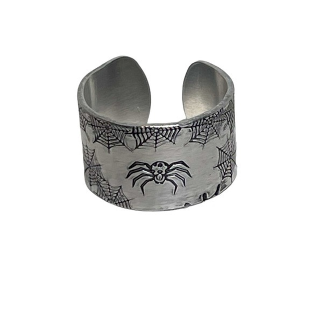 Handmade 7/8 hand spider & webs silver adjustable hypoallergenic wide cuff ring